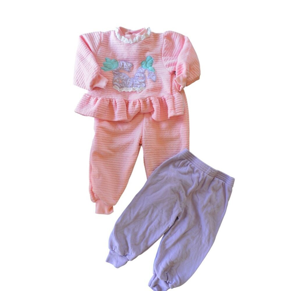 Vintage 90s Baby Girl Outfit 3 Piece Ribbon Birds Ruffled Size 24 Months Pink